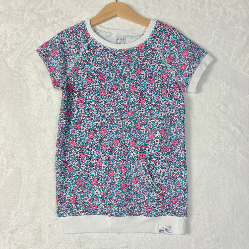 Carter's Floral Sweatshirt Dress Kids 6 Multicolor Excellent French Terry Raglan